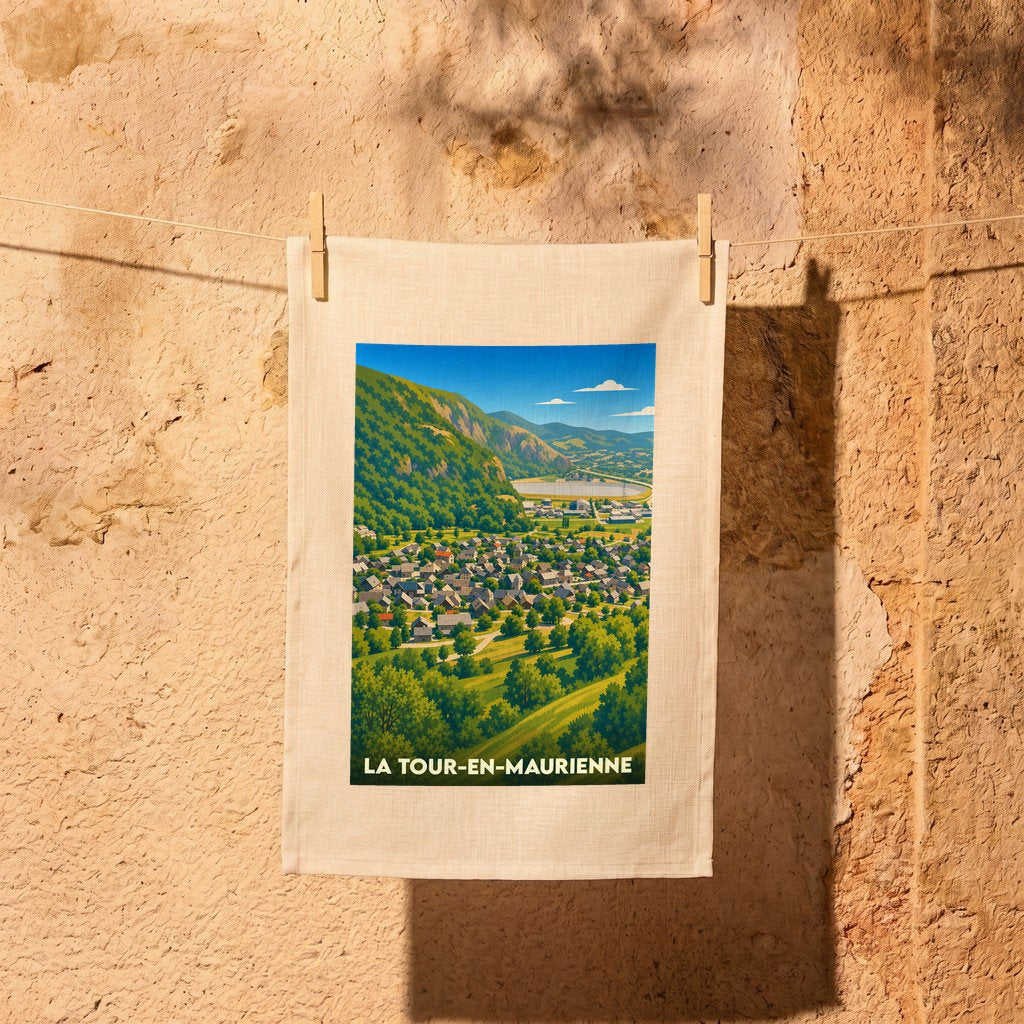 Torchon de cuisine souvenir de la ville de La Tour-en-Maurienne avec une illustration paysagère stylisée.