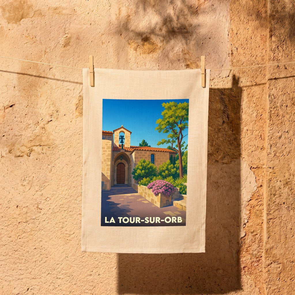 Torchon souvenir de la ville de La Tour-sur-Orb illustré d'un paysage méditerranéen stylisé.
