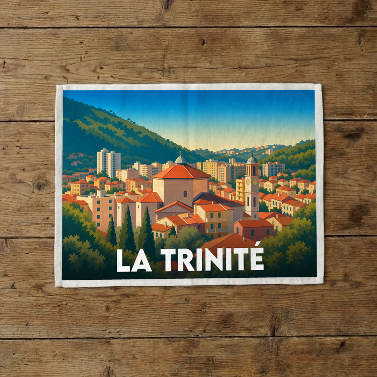 Torchon souvenir de la ville de La Trinité avec une illustration stylisée.