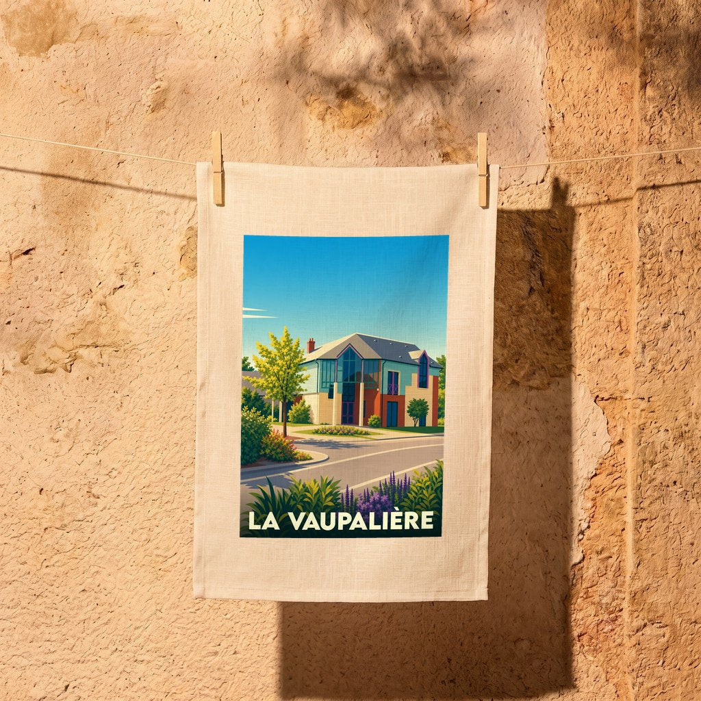 Torchon souvenir de la ville de La Vaupalière avec une illustration stylisée.