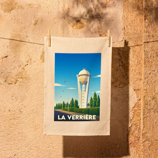 Torchon souvenir de la ville de La Verrière illustrant son château d'eau avec un style graphique épuré.