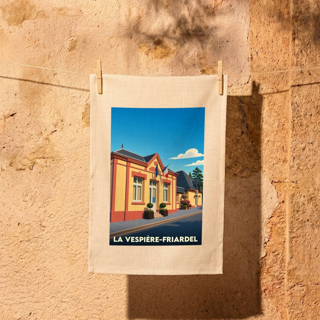 Torchon souvenir de la ville de La Vespière-Friardel avec une illustration stylisée de sa mairie.