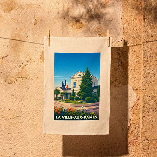 Torchon souvenir de la ville de La Ville-aux-Dames avec une illustration stylisée de l'hôtel de ville.