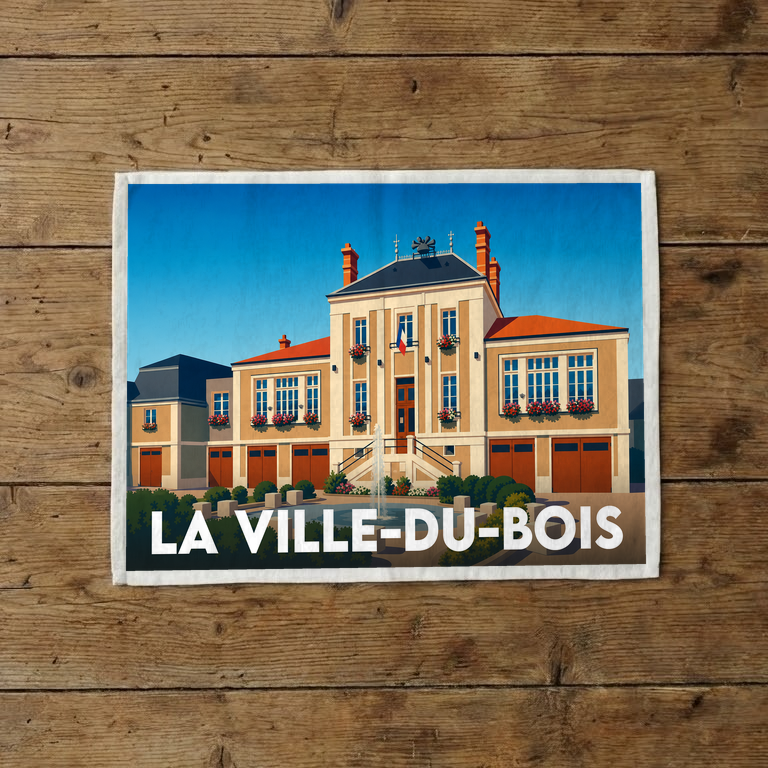 Torchon souvenir de la ville de La Ville-du-Bois avec une illustration stylisée de son hôtel de ville.