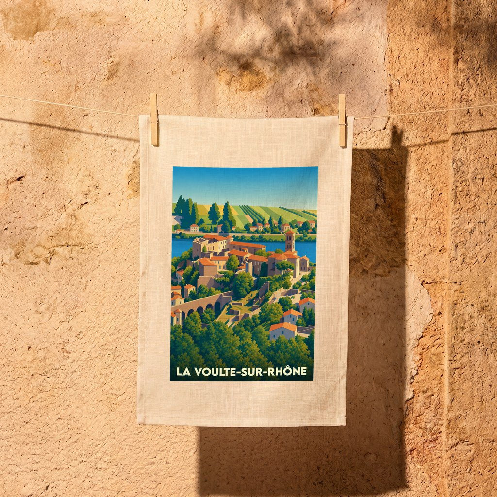 Torchon souvenir de la ville de La Voulte-sur-Rhône orné d'une illustration stylisée de ses paysages.