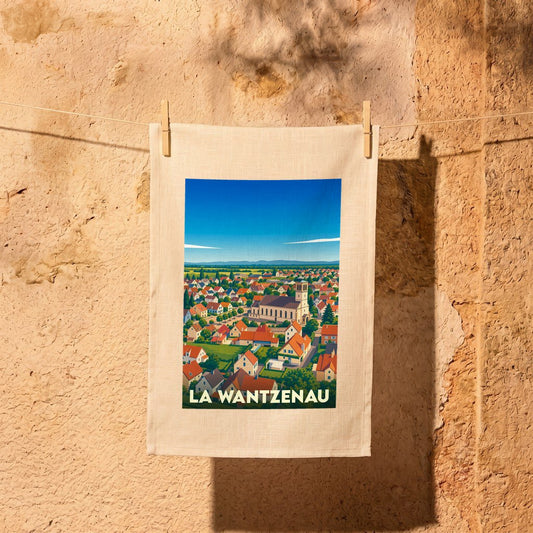 Torchon souvenir de la ville de La Wantzenau avec une illustration stylisée.