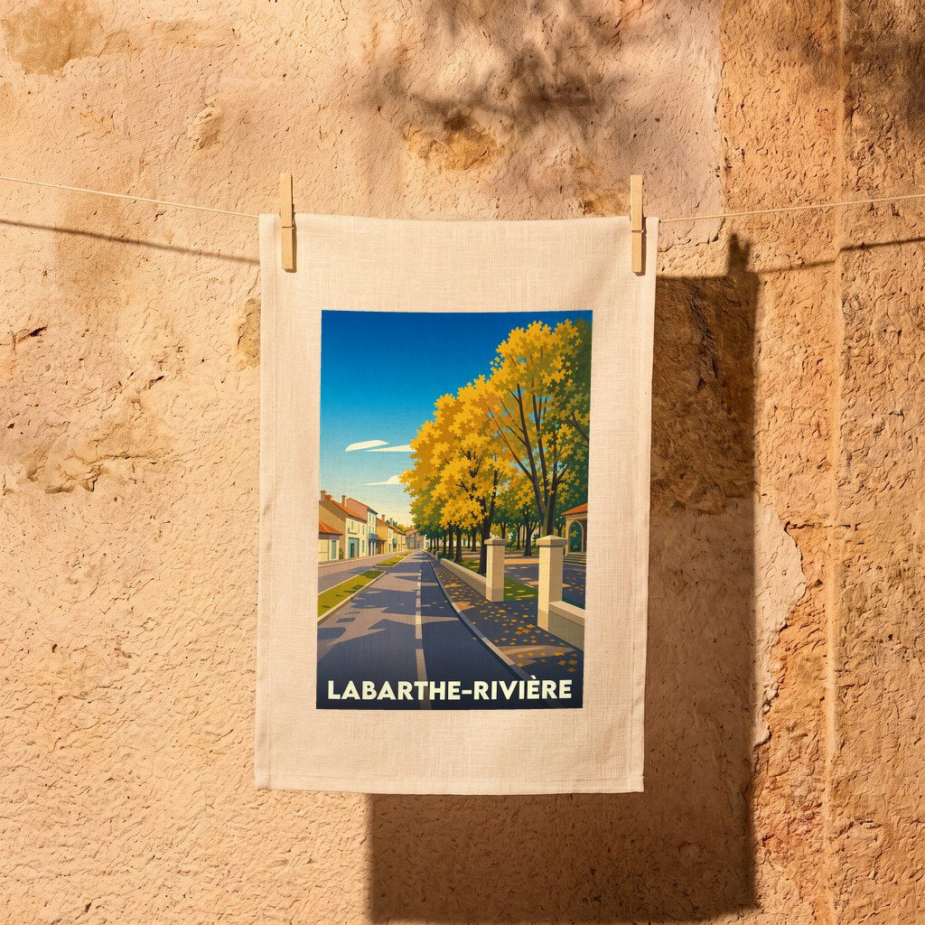 Torchon souvenir de la ville de Labarthe-Rivière avec une illustration stylisée d'une rue bordée d'arbres dorés.