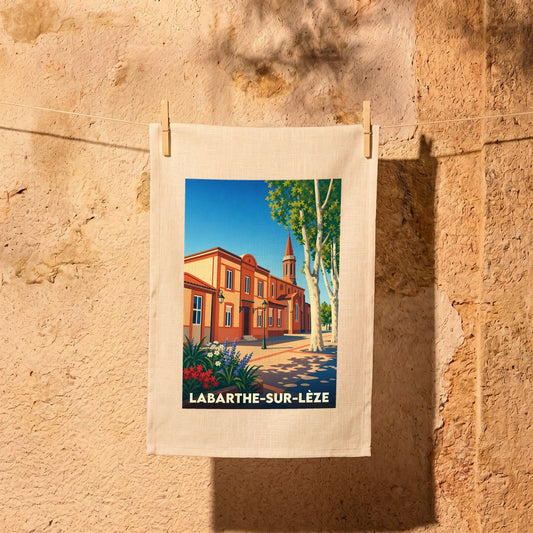 Torchon souvenir de la ville de Labarthe-sur-Lèze avec une illustration stylisée d'un paysage urbain ensoleillé.