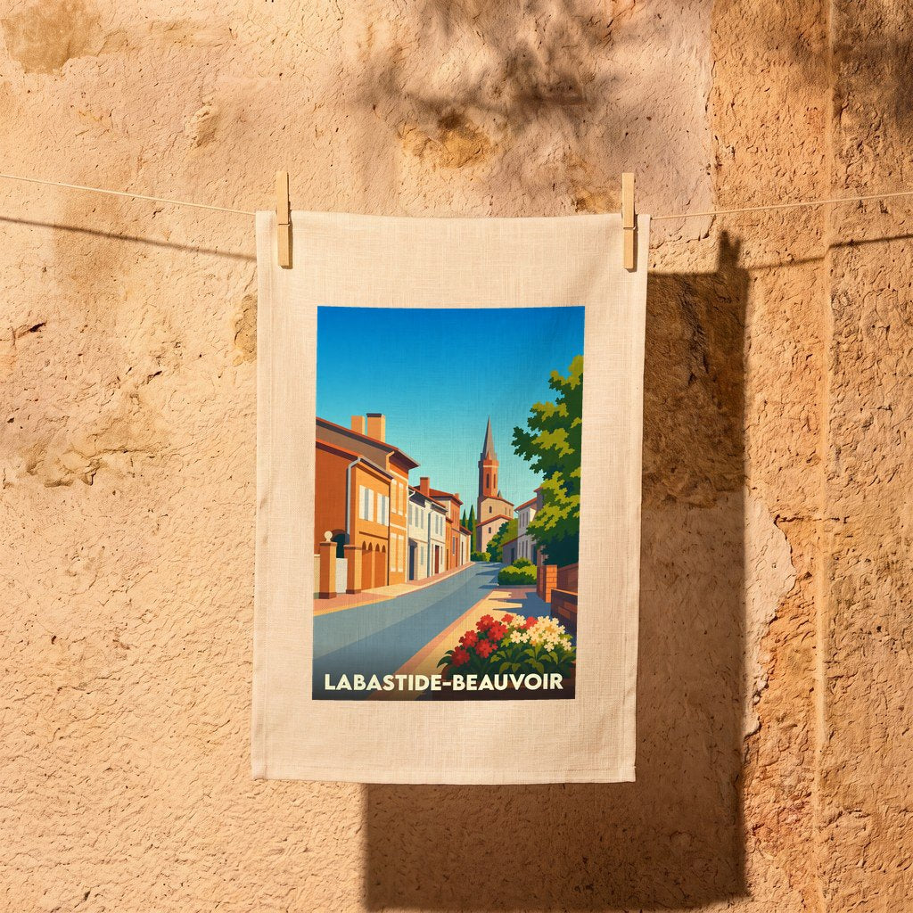 Torchon souvenir de la ville de Labastide-Beauvoir avec une illustration stylisée de ses rues et de son clocher.