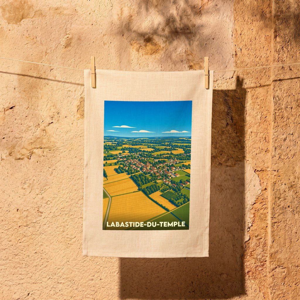 Torchon souvenir de Labastide-du-Temple illustré d'une vue aérienne stylisée du village et de ses champs.