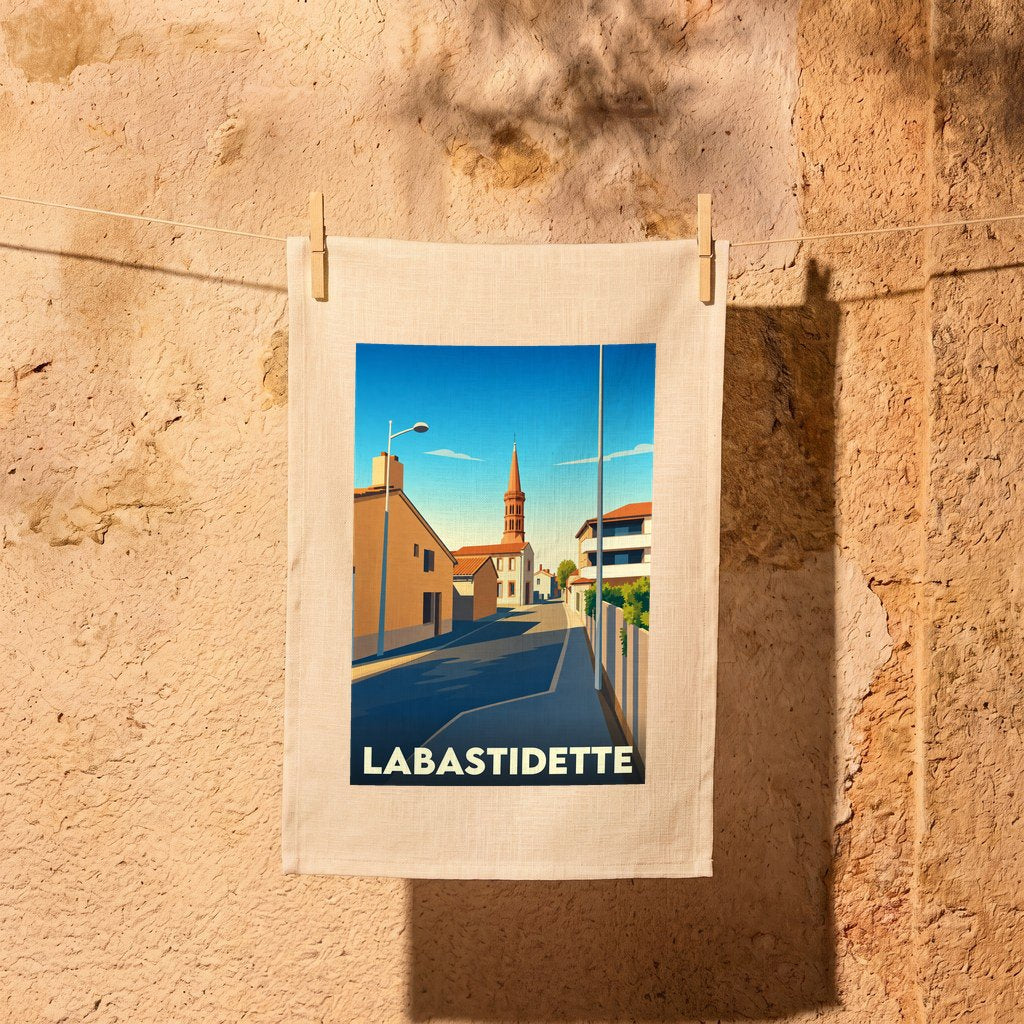 Torchon souvenir de la ville de Labastidette avec une illustration stylisée d'une rue ensoleillée.