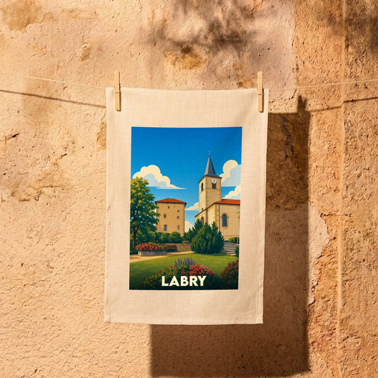 Torchon souvenir de la ville de Labry orné d'une illustration stylisée de son église et de son paysage urbain.