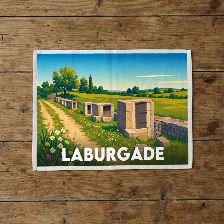 Torchon souvenir de la ville de Laburgade avec une illustration champêtre stylisée.