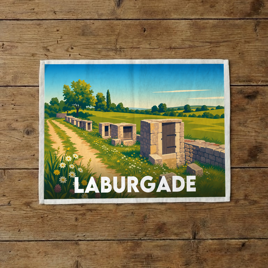 Torchon souvenir de la ville de Laburgade avec une illustration champêtre stylisée.