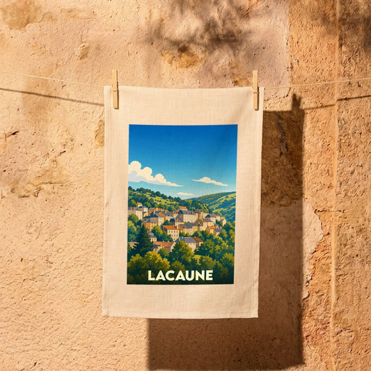 Torchon souvenir de la ville de Lacaune avec une illustration stylisée.