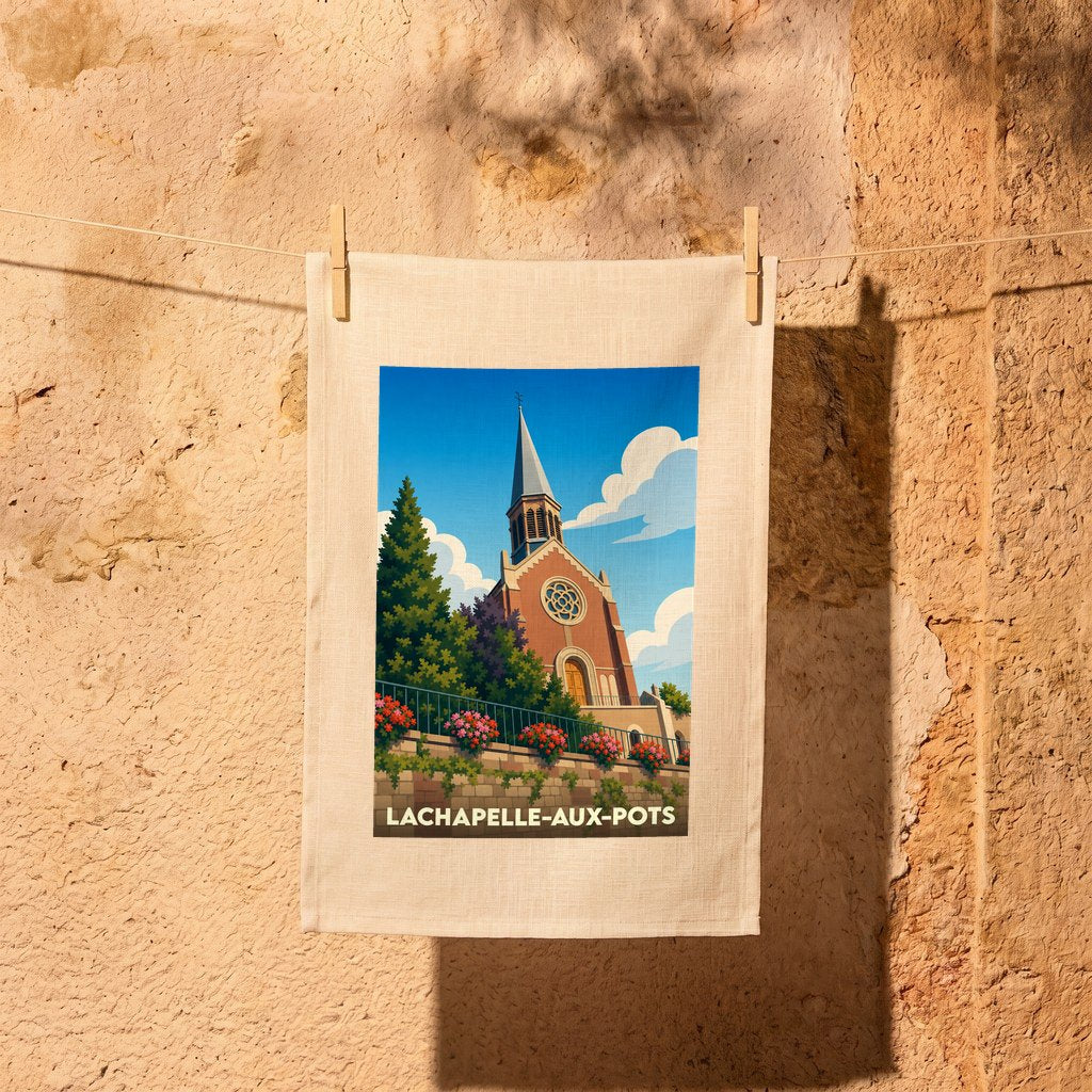 Torchon souvenir de la ville de Lachapelle-aux-Pots avec une illustration stylisée de son église.