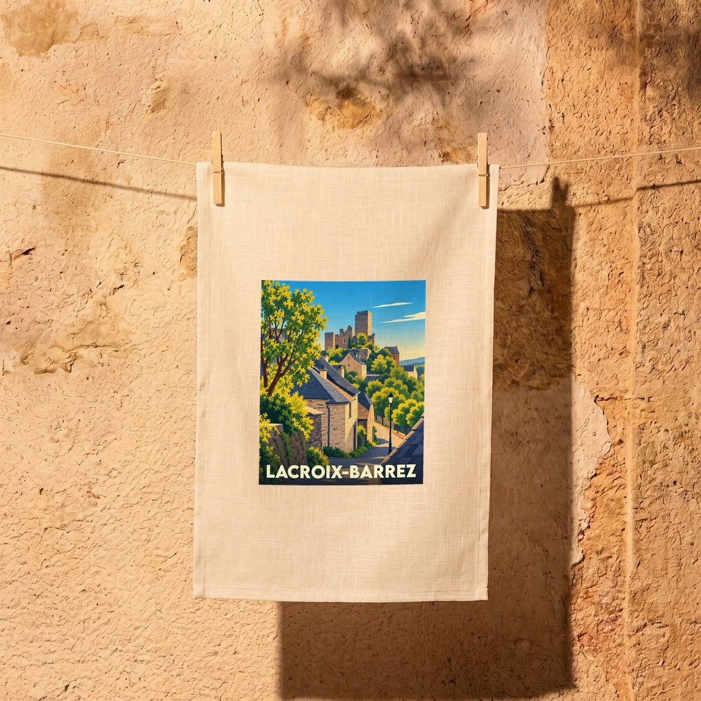 Torchon souvenir de la ville de Lacroix-Barrez avec une illustration stylisée d'un village médiéval.