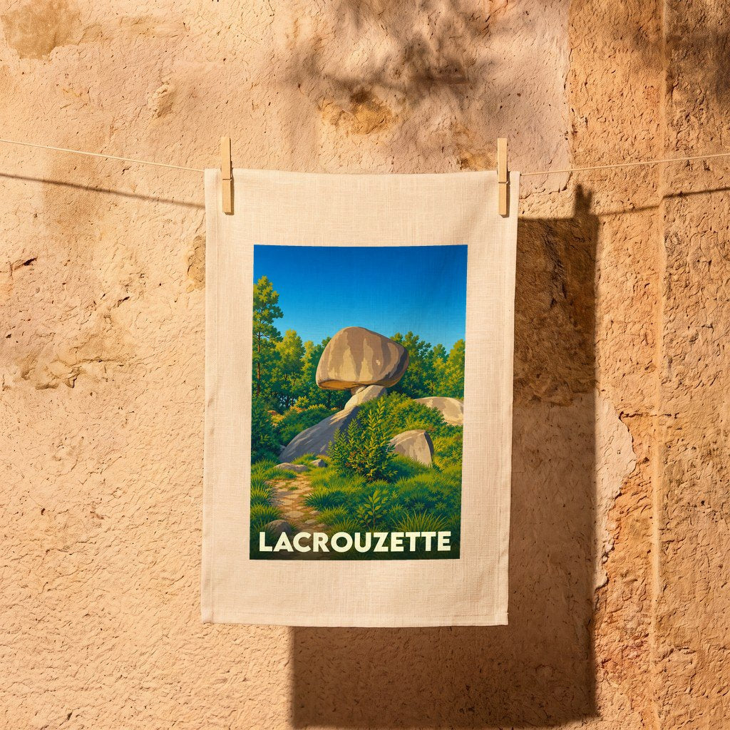 Torchon souvenir de la ville de Lacrouzette illustrant le Sidobre avec un style rétro.