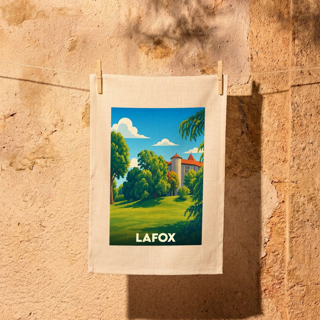 Torchon souvenir de la ville de Lafox avec une illustration stylisée représentant son château et son paysage verdoyant.