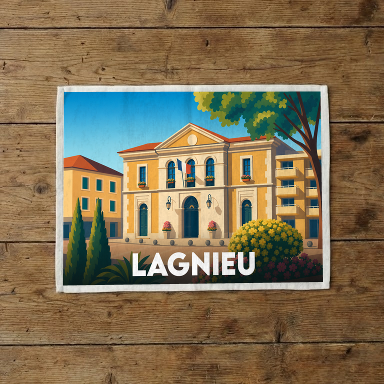 Torchon souvenir de la ville de Lagnieu orné d'une illustration stylisée de son hôtel de ville.