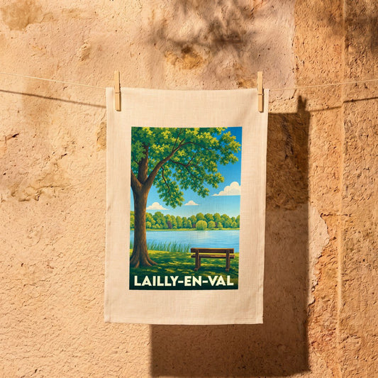 Torchon souvenir de la ville de Lailly-en-Val avec une illustration stylisée de son paysage.