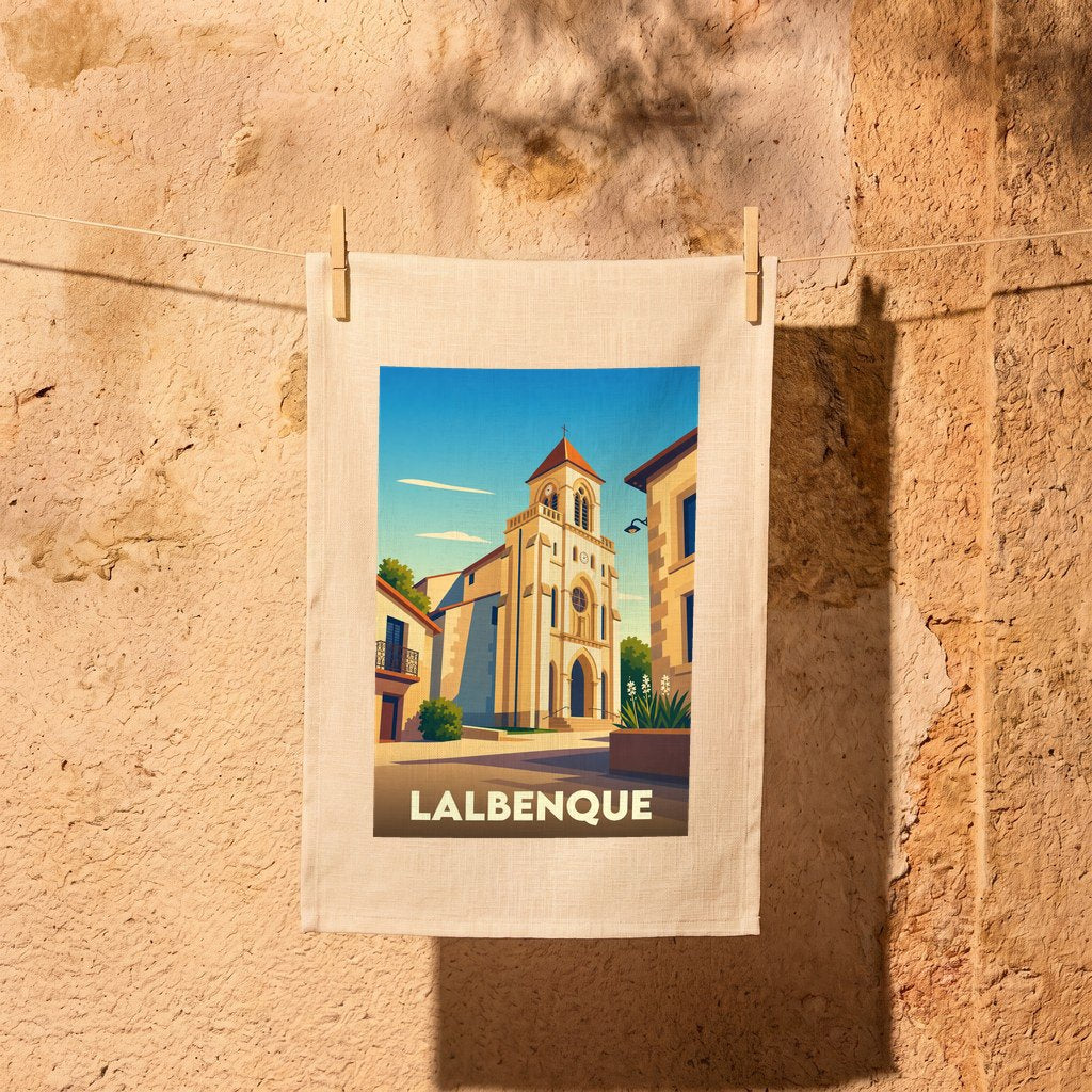 Torchon souvenir de la ville de Lalbenque illustré d'une église de style vintage.