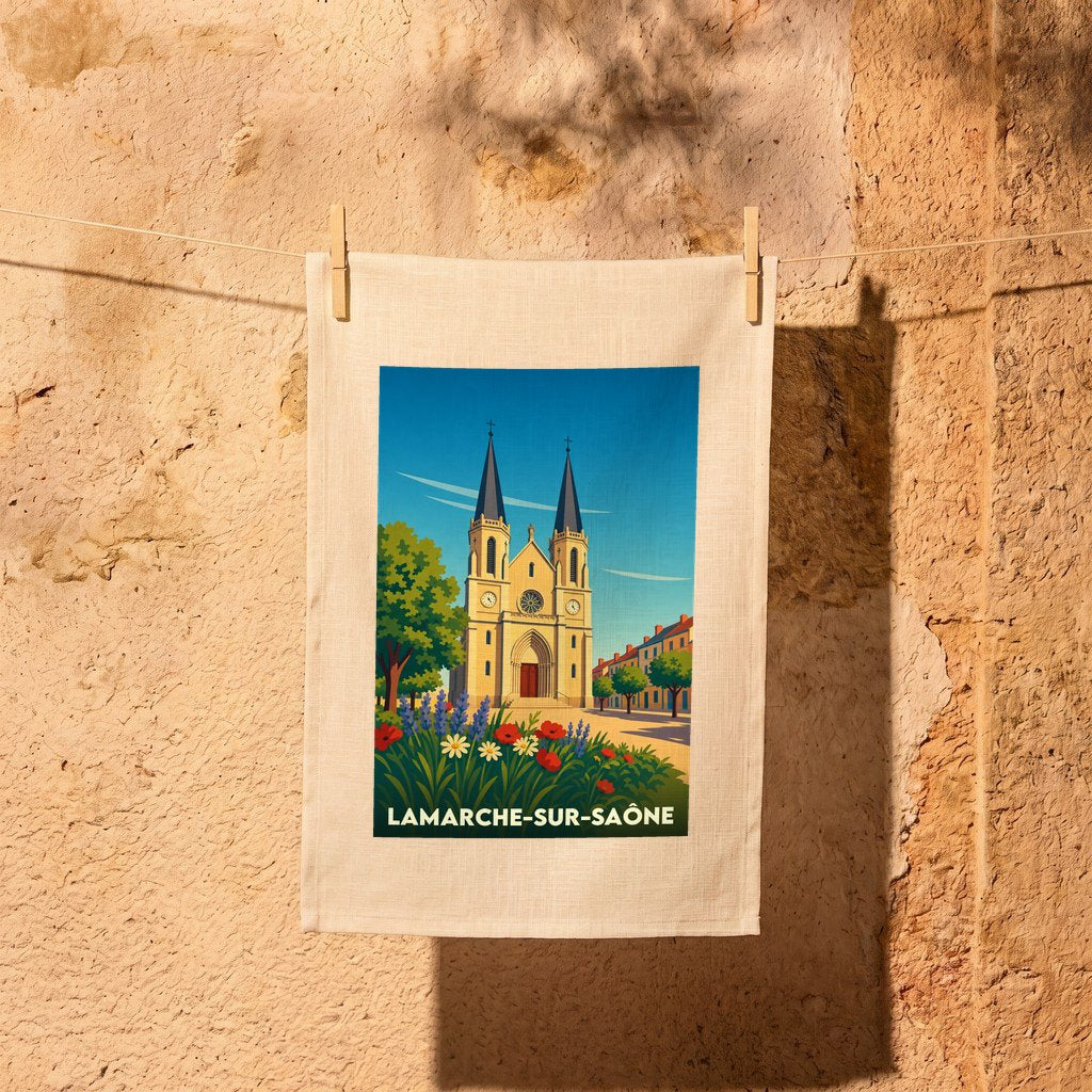 Torchon souvenir de la ville de Lamarche-sur-Saône avec une illustration stylisée de son église et de fleurs champêtres.