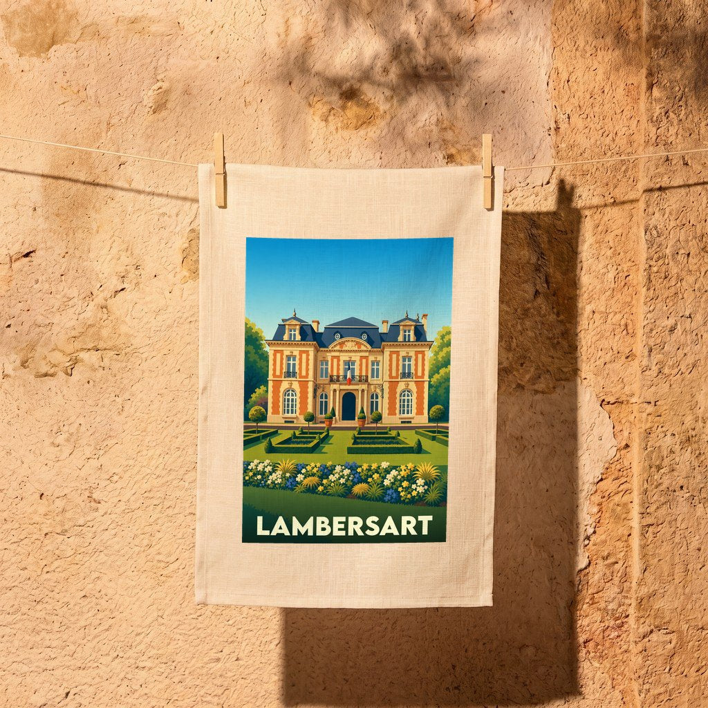 Torchon souvenir de la ville de Lambersart illustré d'un château et de jardins à la française.