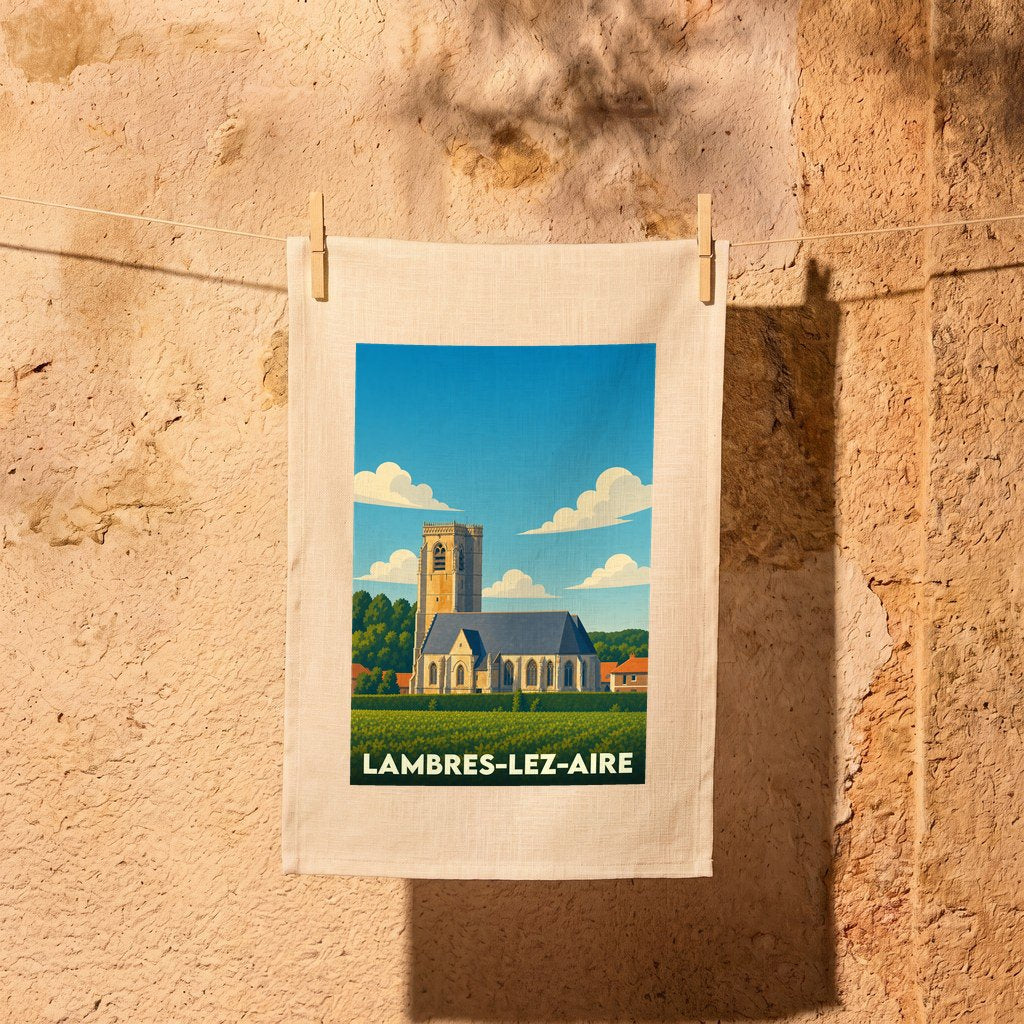 Torchon souvenir de la ville de Lambres-lez-Aire avec une illustration stylisée de son église.
