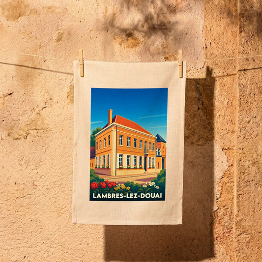 Torchon souvenir de la ville de Lambres-lez-Douai avec une illustration stylisée d'un bâtiment historique.