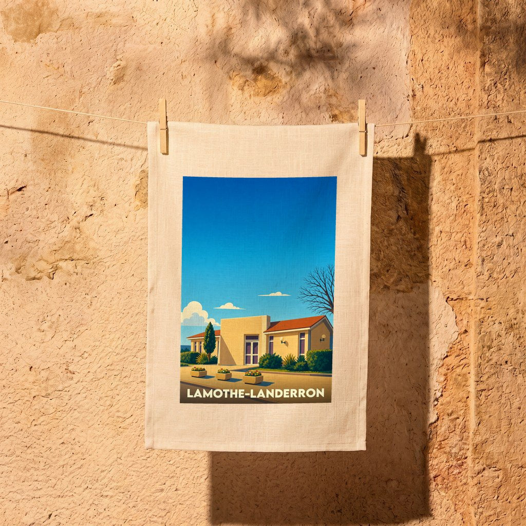 Torchon souvenir de la ville de Lamothe-Landerron avec une illustration stylisée.