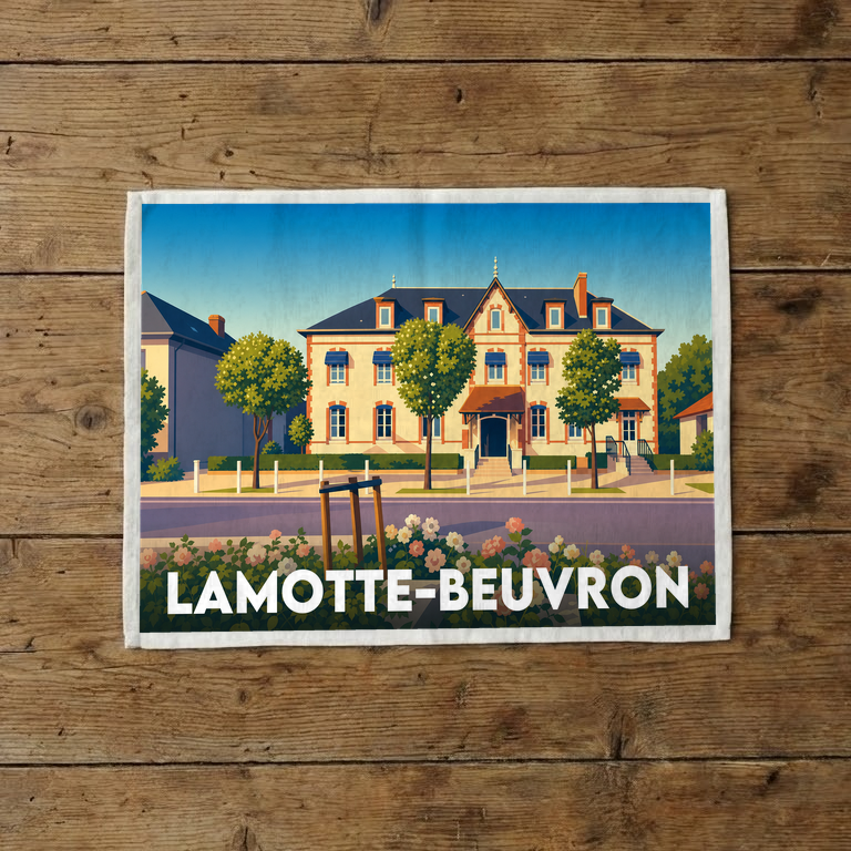 Torchon souvenir de la ville de Lamotte-Beuvron avec une illustration stylisée.