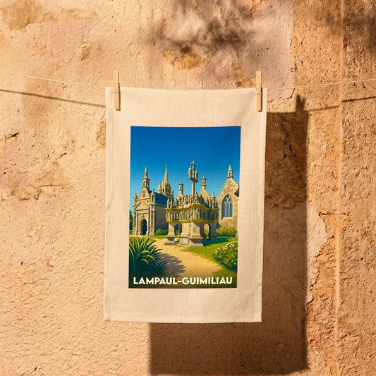 Torchon souvenir de la ville de Lampaul-Guimiliau illustrant son enclos paroissial dans un style vintage.