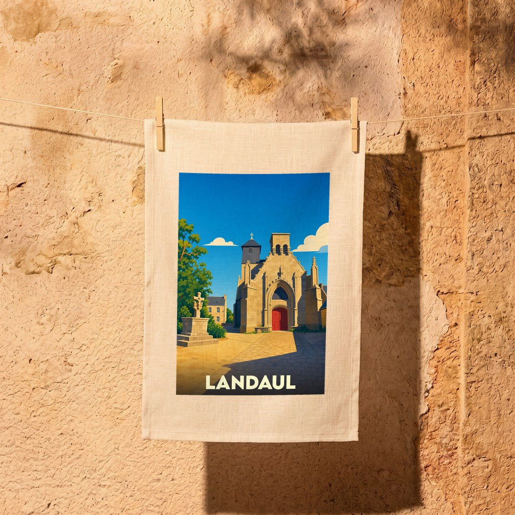 Torchon souvenir de la ville de Landaul orné d'une illustration stylisée de son église.