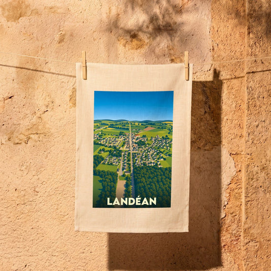 Torchon souvenir de la ville de Landéan avec une illustration stylisée d'une vue aérienne.