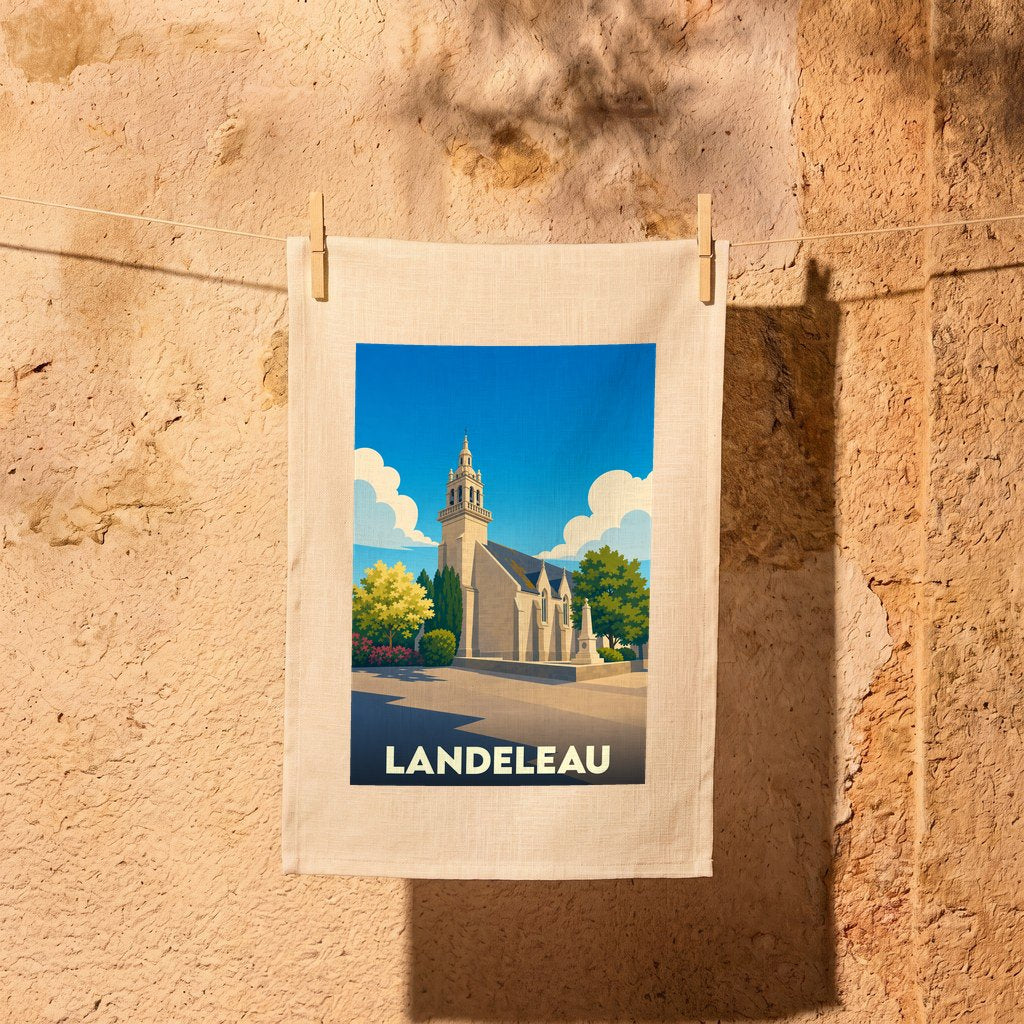 Torchon souvenir de la ville de Landeleau orné d'une illustration stylisée de son église.