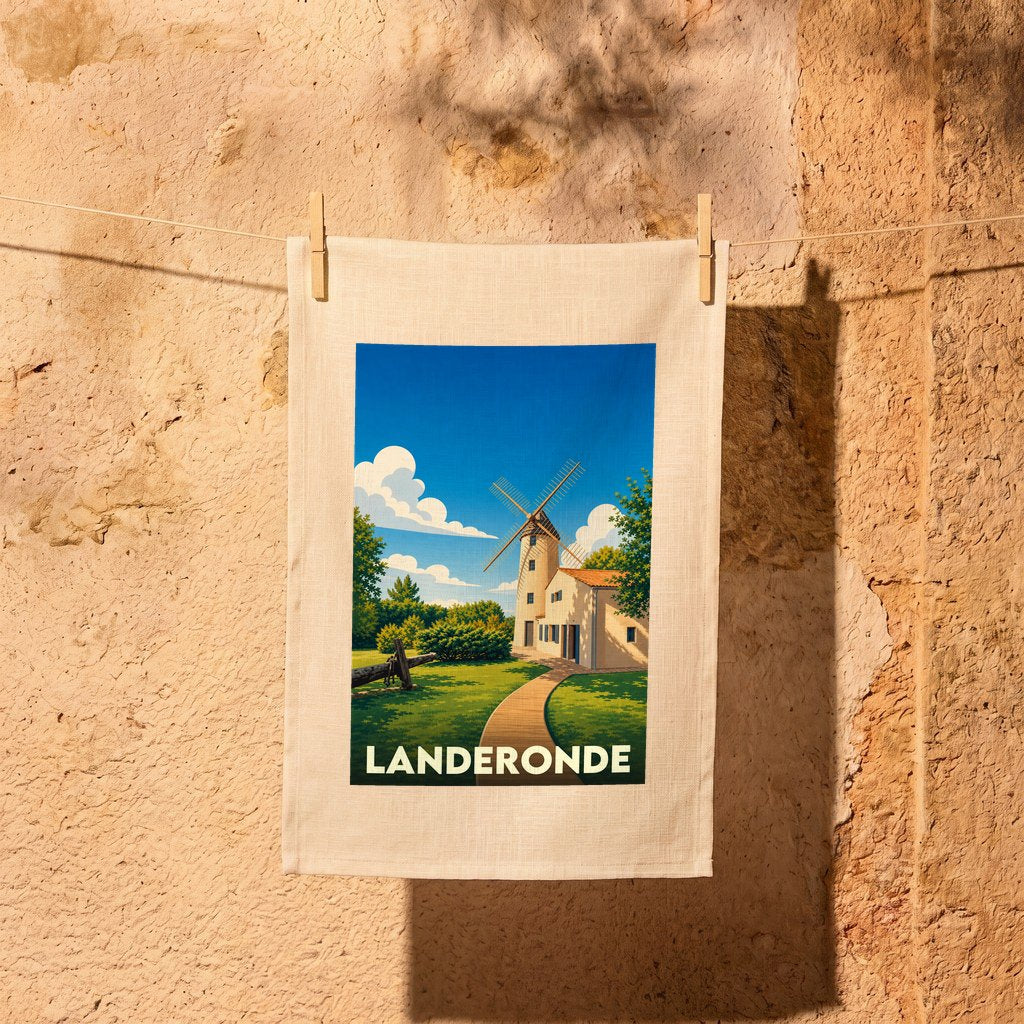 Torchon souvenir de la ville de Landeronde illustré d'un moulin à vent stylisé.