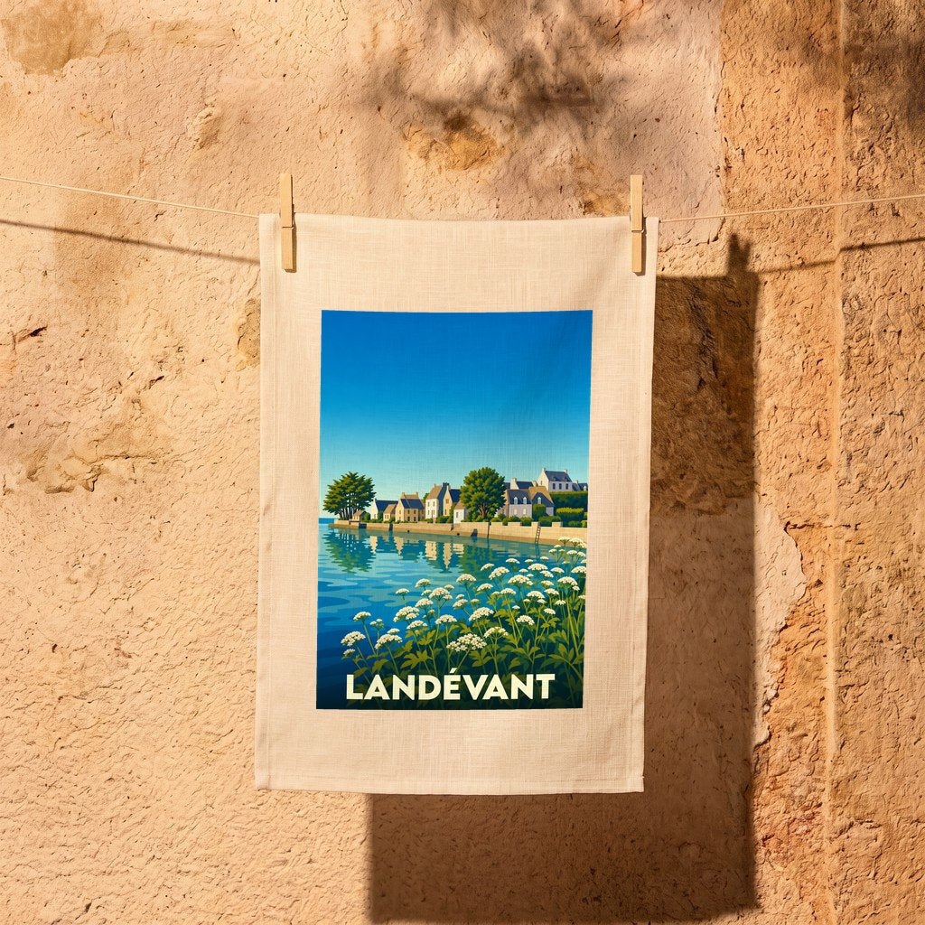 Torchon souvenir de la ville de Landévant orné d'une illustration stylisée de son front de mer.