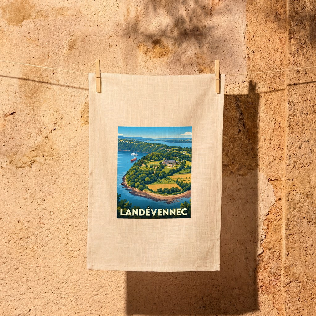 Torchon souvenir de la ville de Landévennec avec une illustration stylisée.