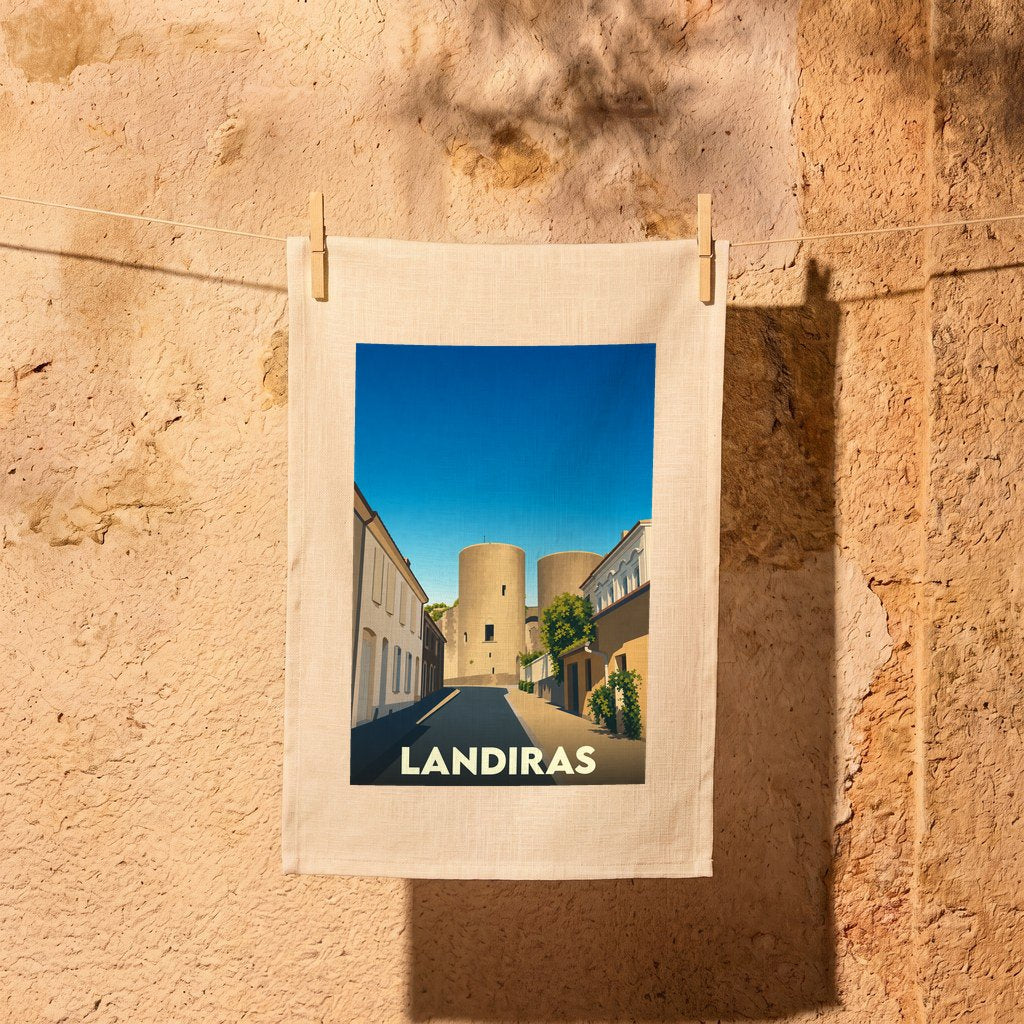 Torchon souvenir de la ville de Landiras avec une illustration stylisée.
