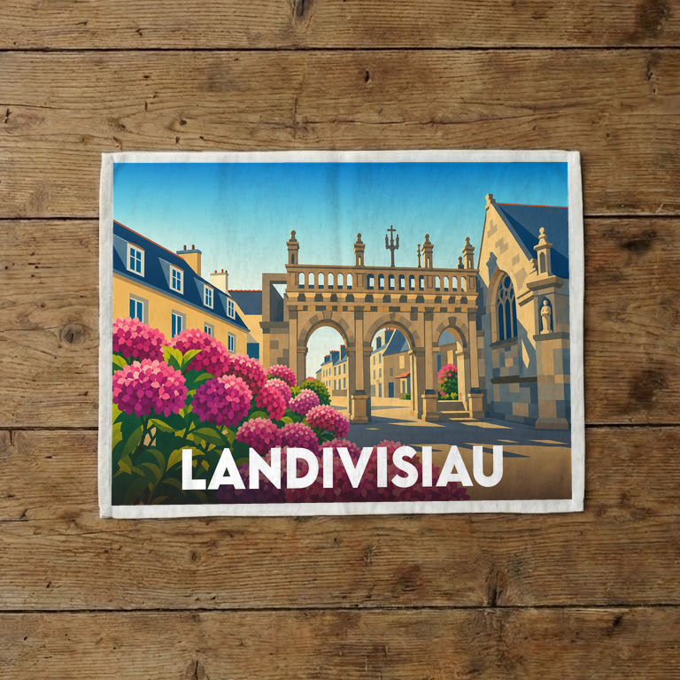 Torchon souvenir de la ville de Landivisiau avec une illustration stylisée d'un porche breton et d'hortensias.