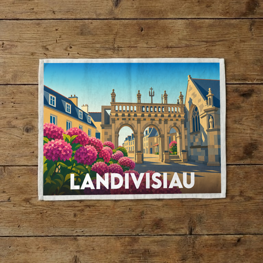 Torchon souvenir de la ville de Landivisiau avec une illustration stylisée d'un porche breton et d'hortensias.