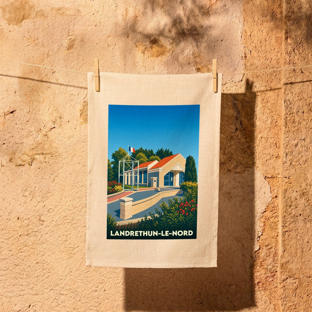 Torchon souvenir de la ville de Landrethun-le-Nord avec une illustration stylisée.