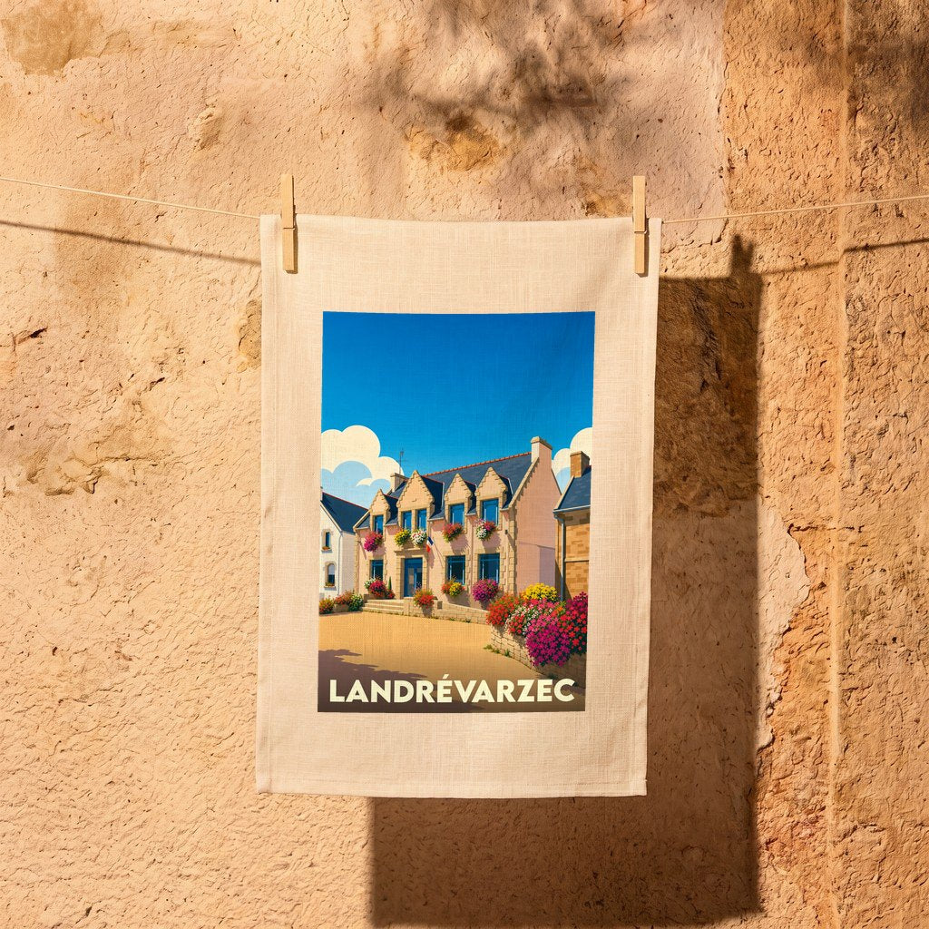 Torchon souvenir de la ville de Landrévarzec avec une illustration stylisée d'une maison fleurie.