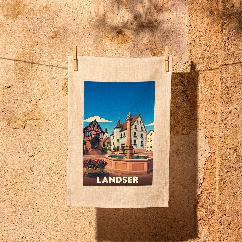 Torchon souvenir de la ville de Landser avec une illustration stylisée d'une place de village alsacien.