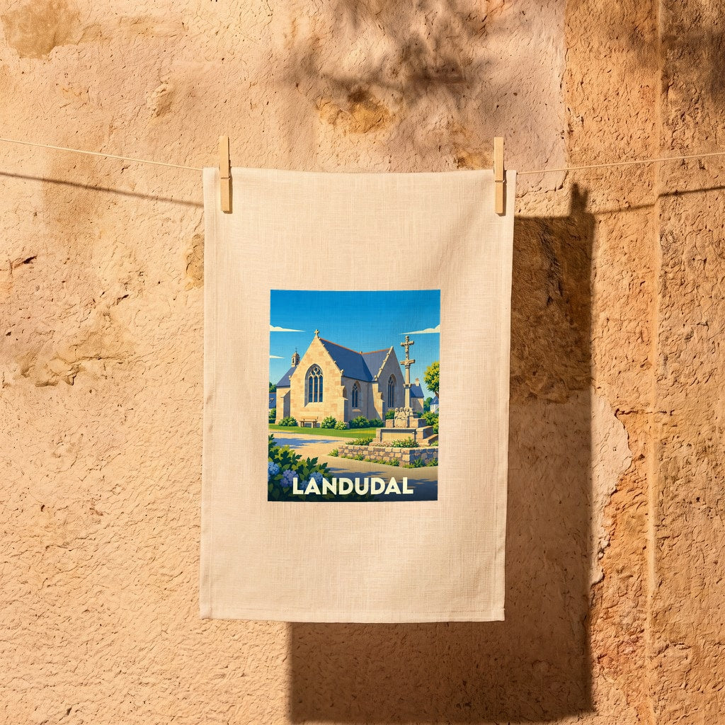 Torchon souvenir de la ville de Landudal avec une illustration stylisée de son église et de son calvaire.