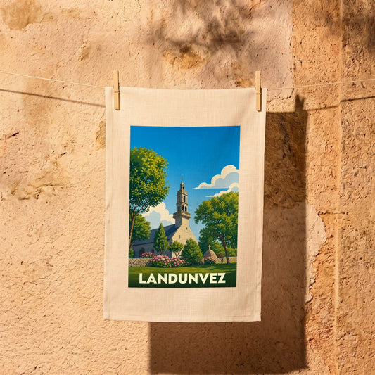 Torchon souvenir de la ville de Landunvez orné d'une illustration stylisée de son église et de sa végétation.