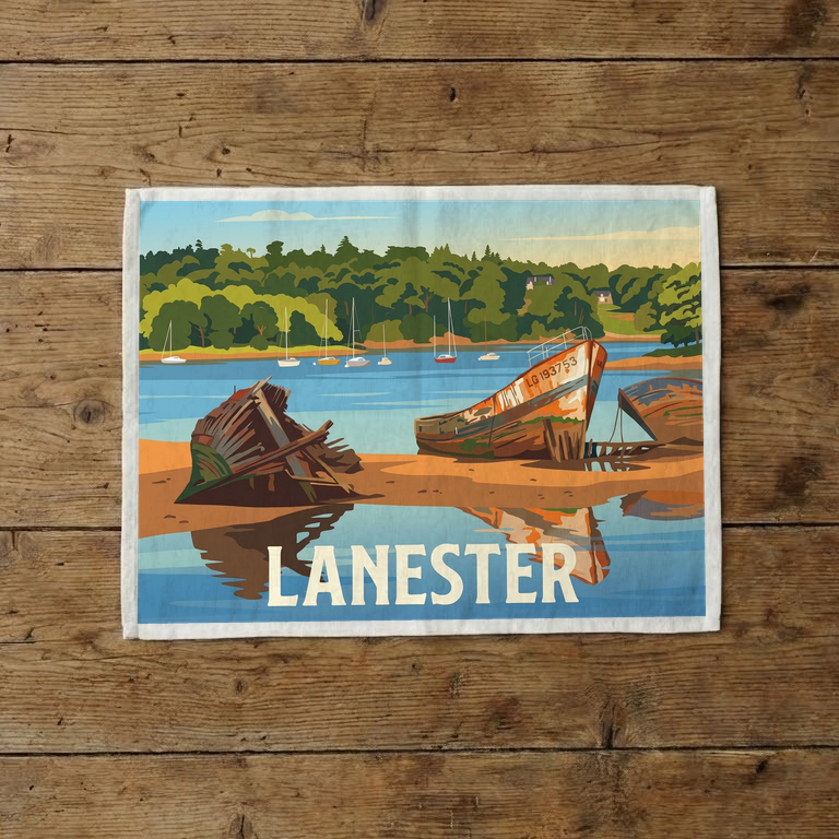 Torchon souvenir de la ville de Lanester avec une illustration stylisée de son cimetière de bateaux.
