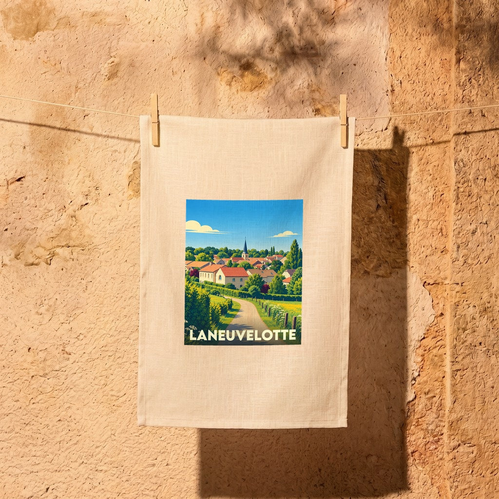 Torchon souvenir de la ville de Laneuvelotte avec une illustration stylisée d'un paysage champêtre.