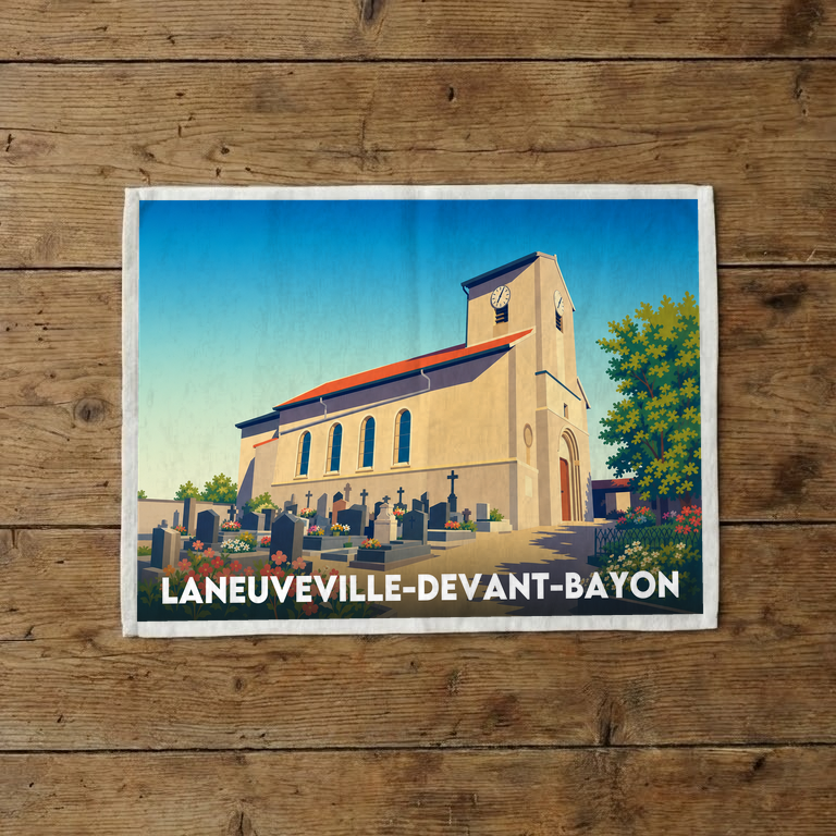 Torchon souvenir de la ville de Laneuveville-devant-Bayon avec une illustration stylisée.